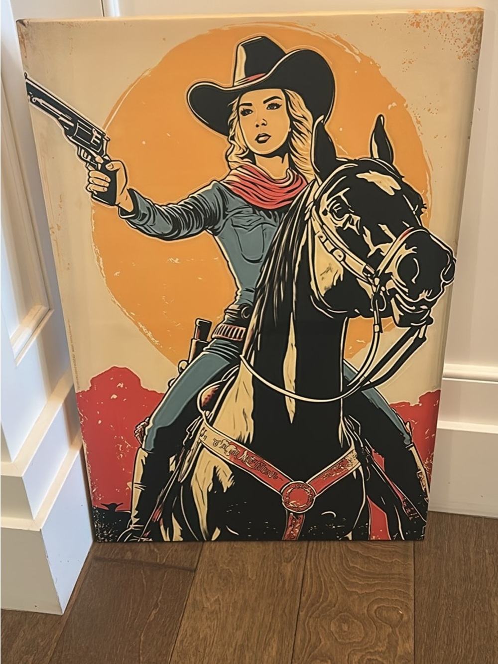 Western Cowgirl on Horse Art Print - Orange, Black, Red